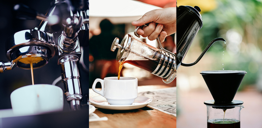 three brewing methods including v60 french press and espresso