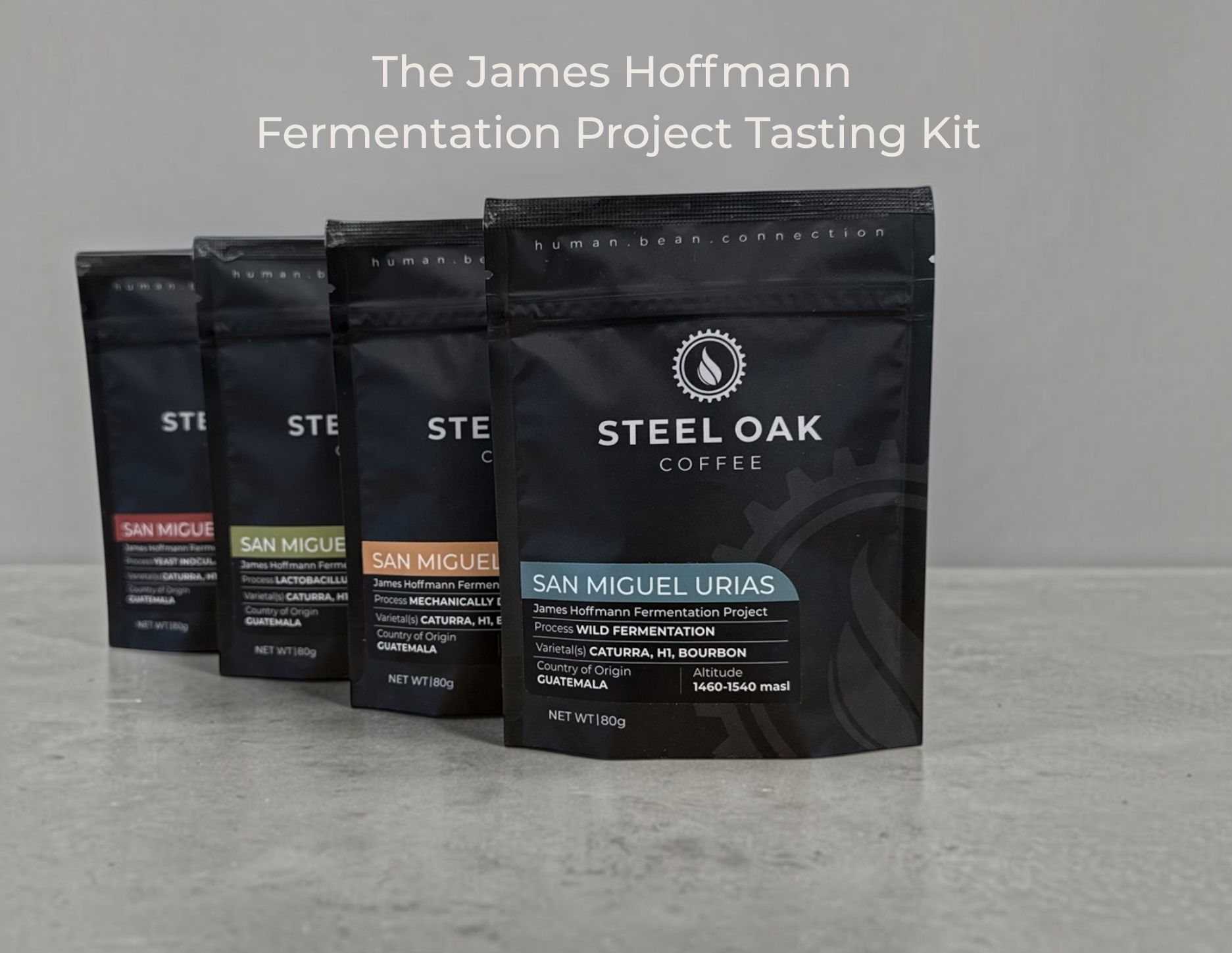 Four Steel Oak Coffee bags from the James Hoffmann Fermentation Project Tasting Kit lined up on a gray surface against a gray background.